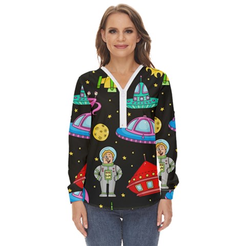 Seamless Pattern With Space Objects Ufo Rockets Aliens Hand Drawn Elements Space Zip Up Long Sleeve Blouse by Hannah976