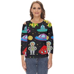 Seamless Pattern With Space Objects Ufo Rockets Aliens Hand Drawn Elements Space Cut Out Wide Sleeve Top