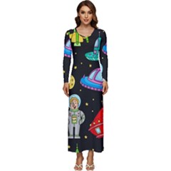 Seamless Pattern With Space Objects Ufo Rockets Aliens Hand Drawn Elements Space Long Sleeve Longline Maxi Dress