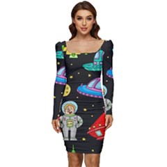 Seamless Pattern With Space Objects Ufo Rockets Aliens Hand Drawn Elements Space Women Long Sleeve Ruched Stretch Jersey Dress