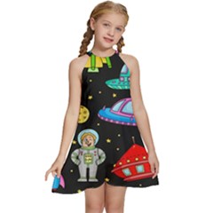 Seamless Pattern With Space Objects Ufo Rockets Aliens Hand Drawn Elements Space Kids  Halter Collar Waist Tie Chiffon Dress