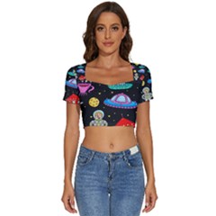 Seamless Pattern With Space Objects Ufo Rockets Aliens Hand Drawn Elements Space Short Sleeve Square Neckline Crop Top 