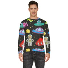 Seamless Pattern With Space Objects Ufo Rockets Aliens Hand Drawn Elements Space Men s Fleece Sweatshirt