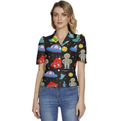 Seamless Pattern With Space Objects Ufo Rockets Aliens Hand Drawn Elements Space Puffed Short Sleeve Button Up Jacket