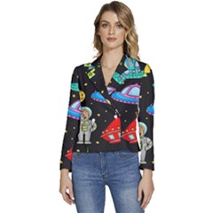 Seamless Pattern With Space Objects Ufo Rockets Aliens Hand Drawn Elements Space Women s Long Sleeve Revers Collar Cropped Jacket