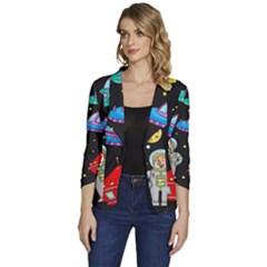 Seamless Pattern With Space Objects Ufo Rockets Aliens Hand Drawn Elements Space Women s One-Button 3/4 Sleeve Short Jacket