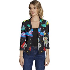 Seamless Pattern With Space Objects Ufo Rockets Aliens Hand Drawn Elements Space Women s Casual 3/4 Sleeve Spring Jacket