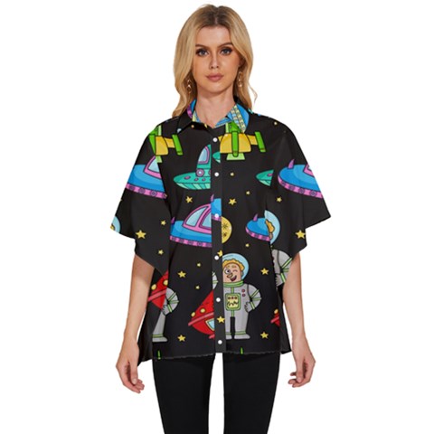 Seamless Pattern With Space Objects Ufo Rockets Aliens Hand Drawn Elements Space Women s Batwing Button Up Shirt by Hannah976