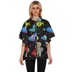 Seamless Pattern With Space Objects Ufo Rockets Aliens Hand Drawn Elements Space Women s Batwing Button Up Shirt