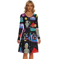 Seamless Pattern With Space Objects Ufo Rockets Aliens Hand Drawn Elements Space Long Sleeve Dress With Pocket