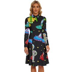 Seamless Pattern With Space Objects Ufo Rockets Aliens Hand Drawn Elements Space Long Sleeve Shirt Collar A-line Dress by Hannah976