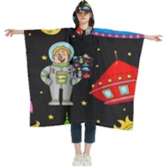 Seamless Pattern With Space Objects Ufo Rockets Aliens Hand Drawn Elements Space Women s Hooded Rain Ponchos