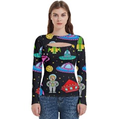 Seamless Pattern With Space Objects Ufo Rockets Aliens Hand Drawn Elements Space Women s Cut Out Long Sleeve T-shirt by Hannah976