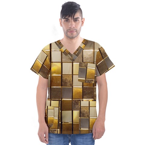 Golden Mosaic Tiles  Men s V-neck Scrub Top by essentialimage