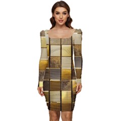 Golden Mosaic Tiles  Women Long Sleeve Ruched Stretch Jersey Dress