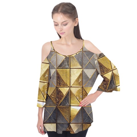 Golden Mosaic Tiles  Flutter Sleeve T-shirt  by essentialimage365