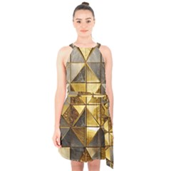 Golden Mosaic Tiles  Halter Collar Waist Tie Chiffon Dress by essentialimage365
