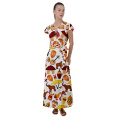 Africa Jungle Ethnic Tribe Travel Seamless Pattern Vector Illustration Flutter Sleeve Maxi Dress