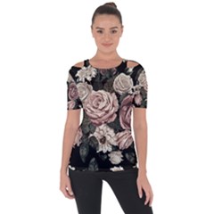 Elegant Seamless Pattern Blush Toned Rustic Flowers Shoulder Cut Out Short Sleeve Top