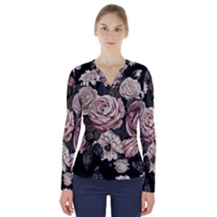 Elegant Seamless Pattern Blush Toned Rustic Flowers V-neck Long Sleeve Top