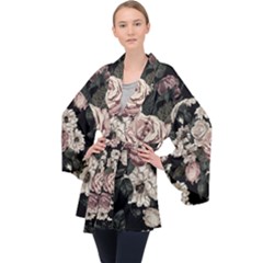 Elegant Seamless Pattern Blush Toned Rustic Flowers Long Sleeve Velvet Kimono  by Hannah976