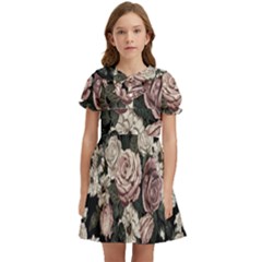 Elegant Seamless Pattern Blush Toned Rustic Flowers Kids  Bow Tie Puff Sleeve Dress by Hannah976