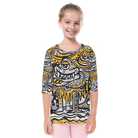 Crazy Abstract Doodle Social Doodle Drawing Style Kids  Quarter Sleeve Raglan T-shirt by Hannah976