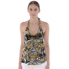 Crazy Abstract Doodle Social Doodle Drawing Style Tie Back Tankini Top