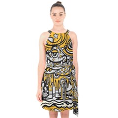 Crazy Abstract Doodle Social Doodle Drawing Style Halter Collar Waist Tie Chiffon Dress by Hannah976