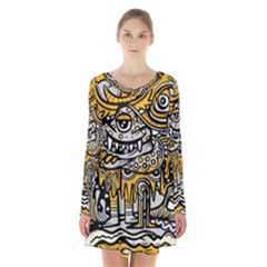 Crazy Abstract Doodle Social Doodle Drawing Style Long Sleeve Velvet V-neck Dress