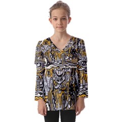 Crazy Abstract Doodle Social Doodle Drawing Style Kids  V Neck Casual Top