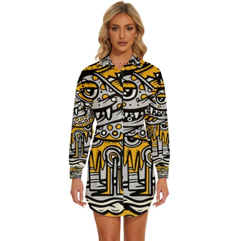 Crazy Abstract Doodle Social Doodle Drawing Style Womens Long Sleeve Shirt Dress by Hannah976