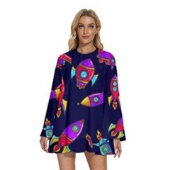 Space Patterns Round Neck Long Sleeve Bohemian Style Chiffon Mini Dress by Hannah976