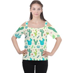 Cactus Succulents Floral Seamless Pattern Cutout Shoulder T-shirt