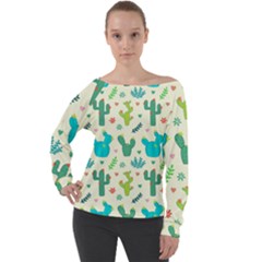 Cactus Succulents Floral Seamless Pattern Off Shoulder Long Sleeve Velour Top