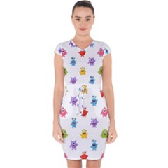 Seamless Pattern Cute Funny Monster Cartoon Isolated White Background Capsleeve Drawstring Dress 