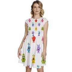 Seamless Pattern Cute Funny Monster Cartoon Isolated White Background Cap Sleeve High Waist Dress