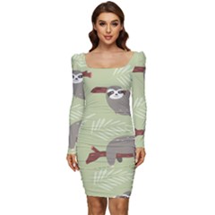 Sloths Pattern Design Women Long Sleeve Ruched Stretch Jersey Dress by Hannah976