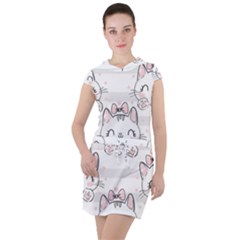 Cat With Bow Pattern Drawstring Hooded Dress