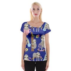 Hand Drawn Cute Sloth Pattern Background Cap Sleeve Top