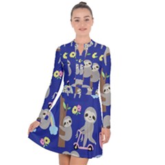 Hand Drawn Cute Sloth Pattern Background Long Sleeve Panel Dress by Hannah976