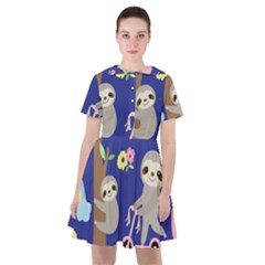 Hand Drawn Cute Sloth Pattern Background Sailor Dress by Hannah976