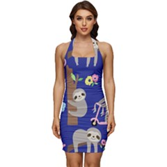 Hand Drawn Cute Sloth Pattern Background Sleeveless Wide Square Neckline Ruched Bodycon Dress