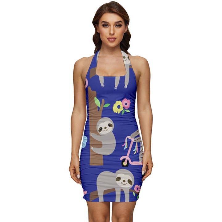 Hand Drawn Cute Sloth Pattern Background Sleeveless Wide Square Neckline Ruched Bodycon Dress