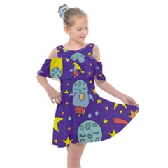 Card With Lovely Planets Kids  Shoulder Cutout Chiffon Dress