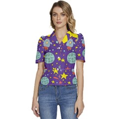 Card With Lovely Planets Puffed Short Sleeve Button Up Jacket