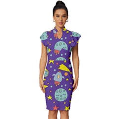 Card With Lovely Planets Vintage Frill Sleeve V-neck Bodycon Dress by Hannah976