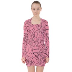 Pink Monstera V-neck Bodycon Long Sleeve Dress