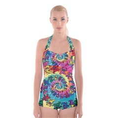 Grateful Dead Bears Tie Dye Vibrant Spiral Boyleg Halter Swimsuit  by Bedest