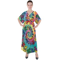 Grateful Dead Bears Tie Dye Vibrant Spiral V-neck Boho Style Maxi Dress by Bedest